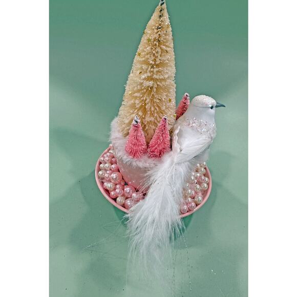 Priced Reduced Pink Melmac Cup Christmas Assemblage w/ Bird & Bottle Brush Trees - Picture 7 of 7